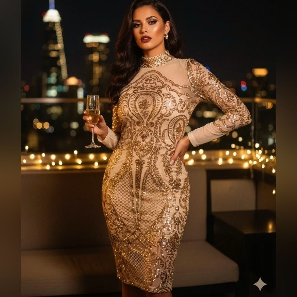 FASHION NOVA Gold Sequin mesh dress